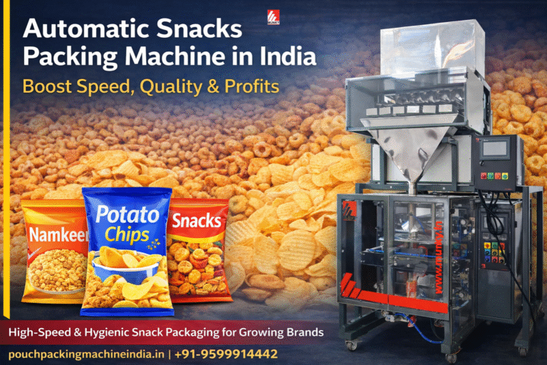 Automatic snacks packing machine in India for namkeen, potato chips and snack pouch packaging with high speed and hygienic sealing
